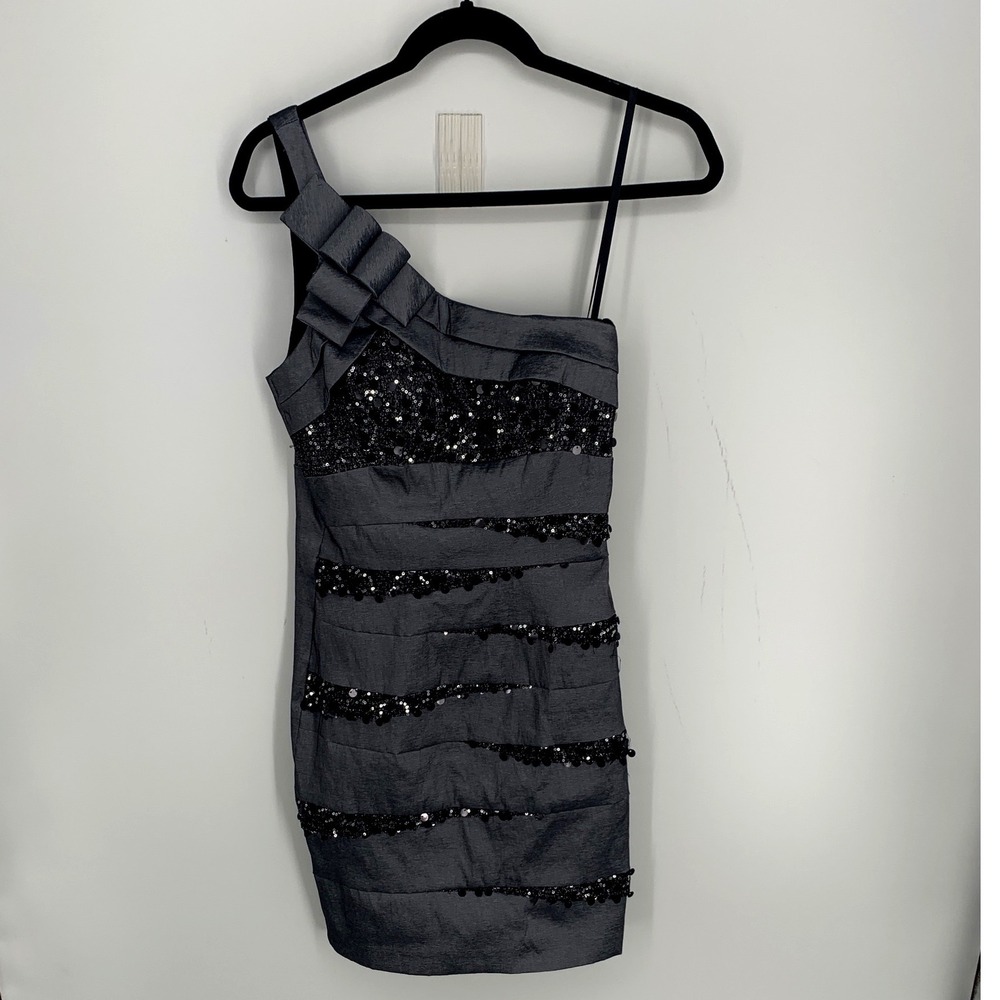 Cache Womens 10 One Shoulder Sequin Mini Dress Charcoal Gray Made in USA